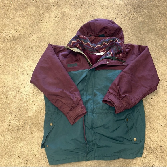 Men’s VTG Columbia Coat 3 in 1 Size Large Fleece Parka Hooded Purple Green Aztec - Picture 6 of 8
